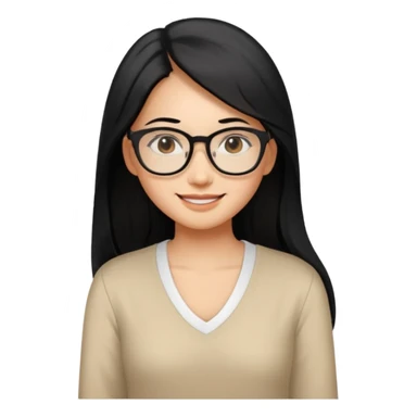 medium tan asian woman with long black hair past middle of back, round brown eyes, white v neck blouse. she has black thick frame rectangular glasses on and smilling sticker