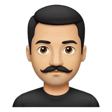 đàn ông 40 tuổi, da vàng đậm, tóc ngắn màu đen, ria mép màu đen, áo đen sticker