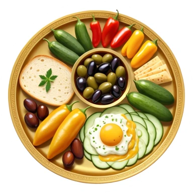 A beautifully arranged Middle Eastern breakfast spread, served in elegant golden plates., cucumbers, and bell peppers, along with olives, dates, and cheeses. There are also classic breakfast staples like scrambled eggs, cold cuts, honey, jam, and creamy cheeses.  sticker