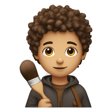 A boy holding a brush. Brown eyes, drk bear and hair sticker