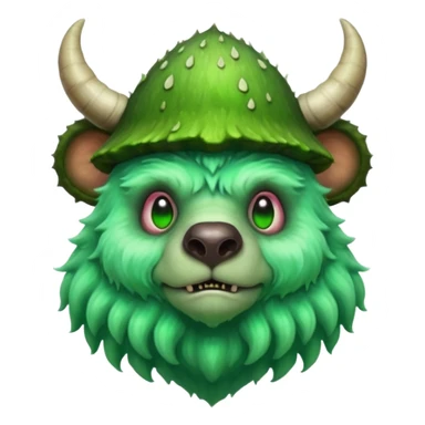 poisonous mushroom bear monster portrait, head and shoulders only, bear-like face, mushroom cap horns, toxic green aura, fluffy neck fur, fantasy beast style, 3D cartoon, mobile game icon style, clean background, no text, no watermark

 sticker