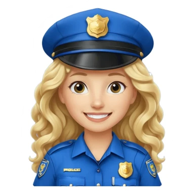 Female POLICE IN blue, long blonde curly hair, happy smile sticker