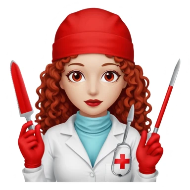 Scary woman scalpel in hand, evil surgeon sexy surgeon clothes.  She has red eyes. Her  brown long curly hair. Wears sexy doctor outfit with red gloves. make her wear red ski mask  to hide. Wears white surge9n jcketneb sticker