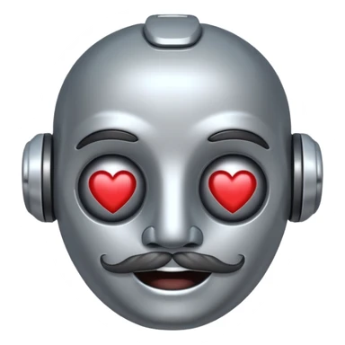 a happy robot face with heart eyes, wearing a mustache sticker