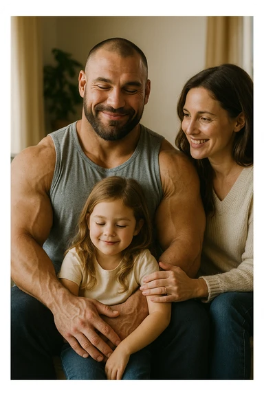 realistic vertical scene of a smiling and serene bodybuilder with family, cozy and warm environment, 2:3 aspect ratio sticker