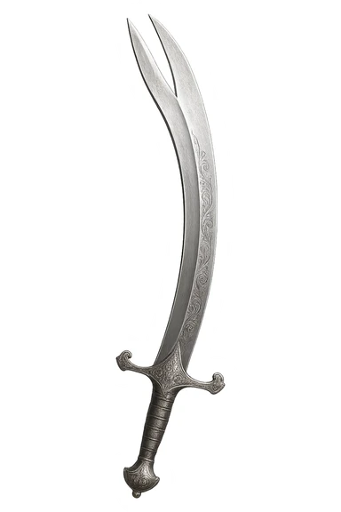 zulfiqar sword, iconic split-tip scimitar, detailed, elegant, metallic sticker