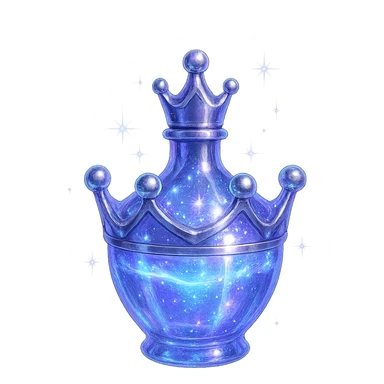 small crown-shaped luxurious elixir bottle, color #7986cb, iridescent and silver details, intense magical glowing and sparkling effects, very small neck, seamless bottom, transparent background, floating, no base or shadow, modern, matching a collection sticker