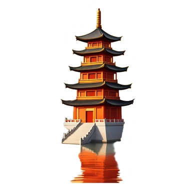 Leifeng Pagoda in the Sunset, West Lake Hangzhou, simplified emoji style, traditional Chinese pagoda with sunset glow, cartoon style sticker