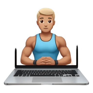 Open laptop on a dark background, showing a male fitness trainer inside a modern professional gym on the screen— smooth rounded edges, soft lighting, no text or logos, minimalistic and high-quality rendering. Only the laptop is visible, centered sticker