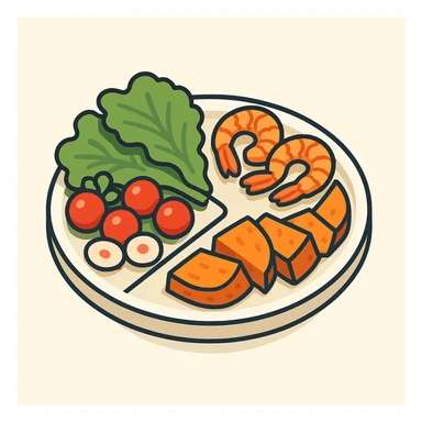 Harvard plate: half with assorted raw vegetables including lettuce, radishes, cherry tomatoes; one quarter with grilled shrimp as protein; one quarter with roasted sweet potatoes as complex carbs, 2D isometric illustration style sticker