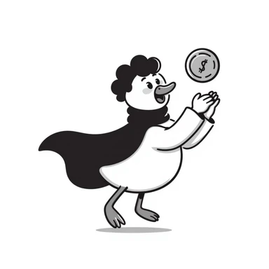 A cool duck in a mysterious black cloak flipping a silver coin sticker