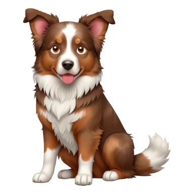 cinematic-[australian shepherd dog]-realistic-full-body-sitting-emoji,-tail-resting-loosely-beside-its-paws,-head-tilted-dramatically,-scruffy-[half white and red merle]-fur,-simplified-yet-realistic-focused-features,-highly-detailed,-glowing-with-an-almost-sarcastic-glow sticker