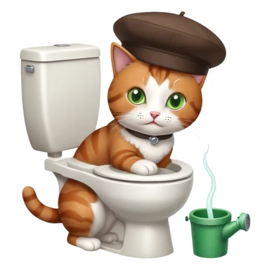 Cat flushing a toilet wearing a beret sticker