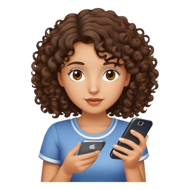 brunette girl with curly medium length hair, brown eyes, slightly tan skin, holding a phone sticker