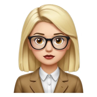 Chanel Oberlin, blonde hair, brown eyes, glasses, acne, dark eyebrows, sassy pose, apple emoji style sticker