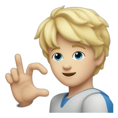 Blonde boy with medium short hair, blue eyes, waving hi to the camera sticker