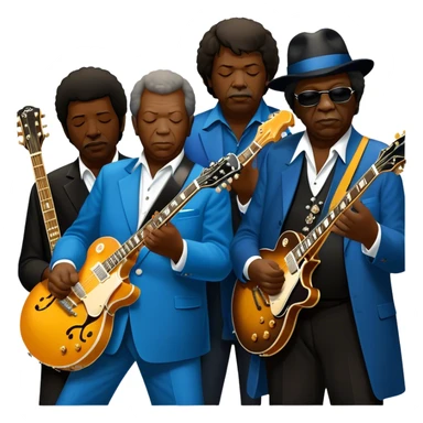 Icon for Blues Music: close-up collage of legendary blues artists. Gary Moore, Eric Clapton, B.B. King and Joe Cocker. Represented by silhouettes or symbolic items like guitars, microphones, or music notes, reflecting the soulful energy of blues music. Transparent background. sticker
