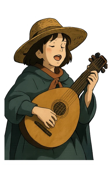 A female bard with a sturdy straw hat, playing a fat lute and singing, night time shadows   sticker