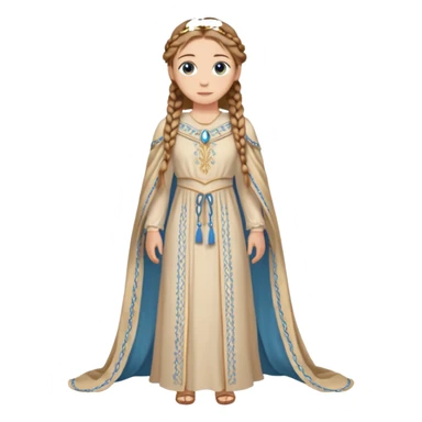 Joven de unos 30 años, de aspecto dulce, elegante.
Piel clara, ojos (pueden ser azules o verdes)
castaño claro largo, con trenzas.
Vestido largo de tonos suaves (blanco, azul o lavanda), con bordados dorados; un manto o toca fina cubriendo la cabeza. Que se vea todo el cuerpo de pies a cabeza sticker