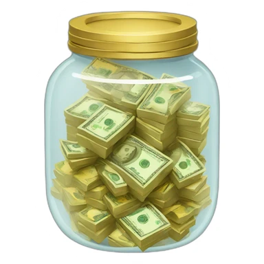 A clear jar with no lid overflowing with stacks of cash and gold  sticker