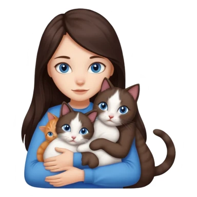 a girl with long dark 
brown hair, with blue eyes, hugs 3 different natural coloured cats sticker