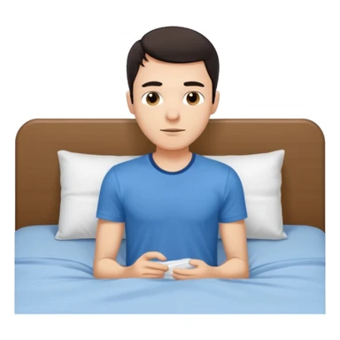 rapaz jovem magro de cabelo escuro, com camiseta azul e cueca branca ao lado de uma cama sticker