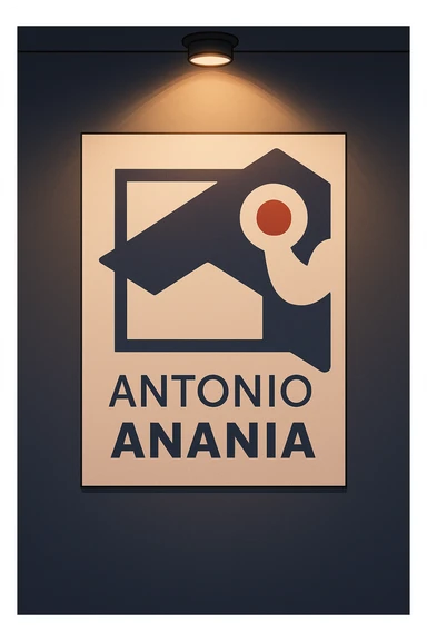 su questo stile fai un manga/webtoon a colori in cui mostri quella parete dietro dello studio con il suo logo e la scritta "ANTONIO ANANIA" SOTTO IL LOGO, LUCE CHE ILLUMINA IL LOGO sticker