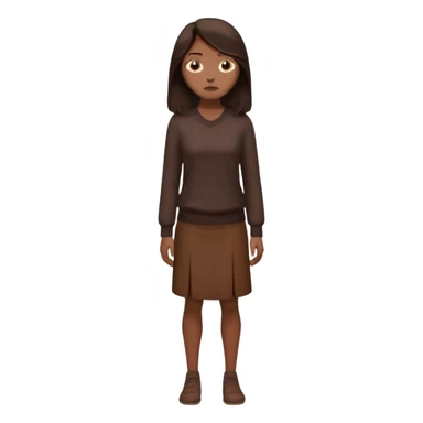 =Cartoon emoji of a woman with long, loose dark hair, wearing chocolate-colored clothes. Full-height, standing, nervous, unsure, worried expression. Slightly hunched, anxious posture. Smooth, simple, stylized sticker