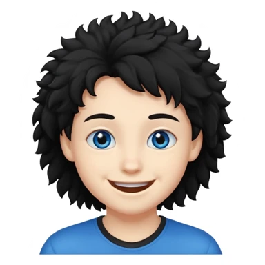 young face, blue eyes, black fluffy hair, smile sticker