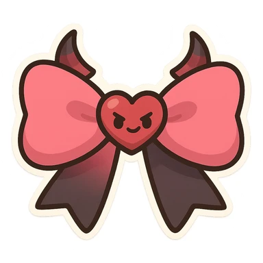 devil bow, chibi style, pink and black colors, tiny horns, heart-shaped center, cute but mischievous sticker