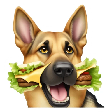 German shepherd eating a cheeseburger sticker