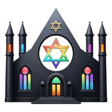 jewish synagogue temple in dark goth aesthetic style with black building and very light tint glass windows that are rainbow if looked at together. and star of david and celestial symbolism sticker