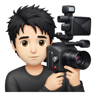 a man with black messy hair with one camera sticker