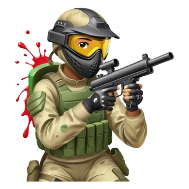 A paintball player in full gear, aiming a paintball gun with focus and determination. The scene includes vibrant splashes of paint and a dynamic battlefield setting, emphasizing action, strategy, and teamwork in a competitive environment sticker