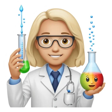 Mendeleev in a laboratory coat holding test tubes doing a chemical reaction, apple emoji style sticker