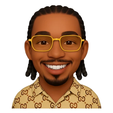 Keep all parameters exactly as in the reference image: thin head, slightly lighter skin, beard only on the chin (no hair under the lower lip), mustache only above the upper lip, no hair under the lower lip, detailed black braided hair, rectangular golden sunglasses, beige top with GG pattern, visible collar, transparent background. Add only a natural smile with visible white teeth, without changing anything else. sticker