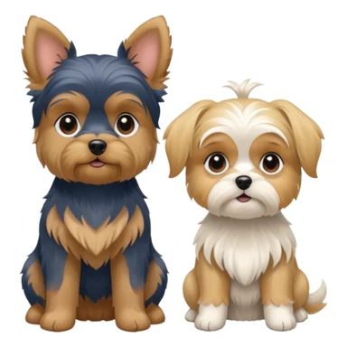 Generate a blue and tan purebred yorkie with a blonde shi tzu yorkie mix with floppy ears sitting next to each kther sticker
