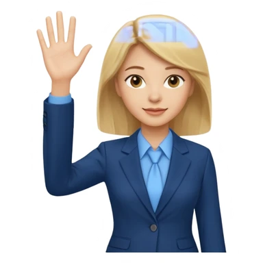 Make emoji of business woman with light skin and medium blonde hair in a dark blue business suit and light blue shirt waiving to new clients sticker