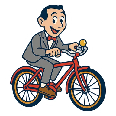 vibrant toon style Pee-wee Herman on a red bicycle sticker