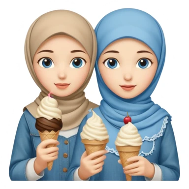 Turkish beautiful finish Konya two girls blue eyes with beige denim hijab islamic dress and had on her hand ice cream sticker