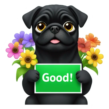 Black pug , sitting in flowers, holding a green sign that says “good luck”  sticker