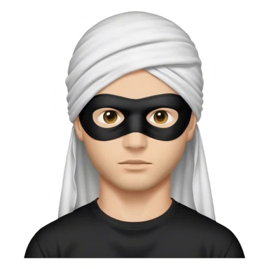 a man in a black cloth mask that completely covers his face and entire head, wearing a white T-shirt sticker