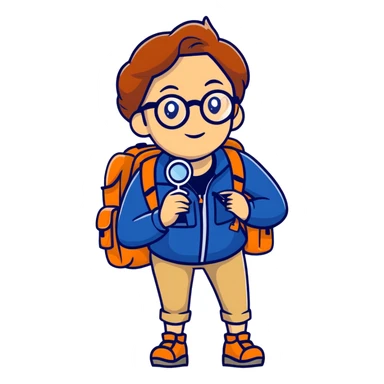 Colorful woman explorer in her 40s with glasses, dark blue and white hiking clothes, backpack, holding magnifying glass sticker