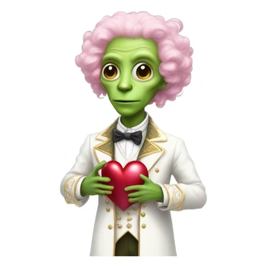 a green alien man in Victorian dress white gold, pink hair,holdig, red big hearth, full body sticker
