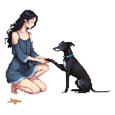 A very beautiful and attractive 25-year-old Japanese woman with long flowing black hair gently petting a SOLID DARK GREY whippet on a beach at night under a starry sky. The woman's hand is lovingly stroking the whippet. The whippet MUST be COMPLETELY SOLID DARK GREY with ABSOLUTELY NO WHITE MARKINGS ANYWHERE - no white chest, no white face, no white paws, no white tip on tail - ENTIRELY ONE SOLID DARK GREY COLOR throughout the entire dog. Deep blue night sky filled with bright stars, moonlight reflecting on the ocean, sandy beach in the foreground. sticker