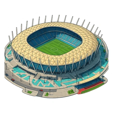 Изометричная, яркая, детализированная и фотореалистичная иллюстрация стадиона New Administrative Capital Stadium Egypt в стиле 3D-коллажей городов, насыщенные цвета, аккуратные и чёткие линии, мультяшно-реалистичная стилистика. Крыша у стадиона слегка изогнутая. Чёткие контуры, не размазанные линии, прозрачный фон, высокое качество. sticker