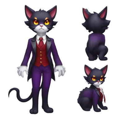Cute-Evil-Vampiric-Batty-Cat-Black-Purple-Red-Yellow-Contrast-Colors-Fantasy-Fur-Sona-Chibi-Shiny-Fakémon-Hybrid with horns and big fangs neck bow white tie leg spats full body sticker