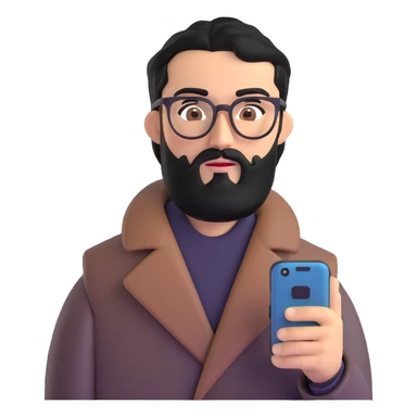 professional man with medium black beard, black hair combed to one side, connected unibrow, olive tan skin, brown eyes, glasses, prominent nose, wearing black coat, intently looking at and interacting with smartphone screen, with subtle office background sticker