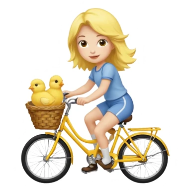 A cartoon girl riding a bicycle with a basket full of baby chicks, 1:1 square ratio. sticker