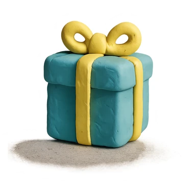 claymation style light blue gift box with yellow ribbon sticker